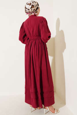 Yarım Brit Düğmeli Bel Lastikli Elbise Bordo - Tesettür Elbise