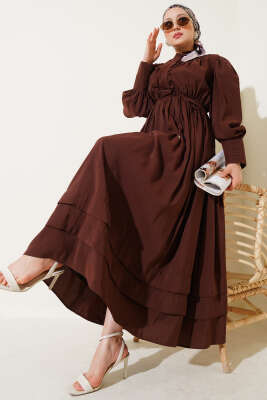 Yarım Brit Düğmeli Bel Lastikli Elbise Kahve 