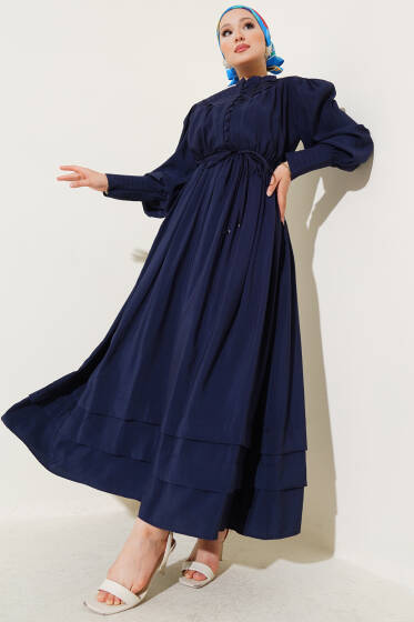 Yarım Brit Düğmeli Bel Lastikli Elbise Lacivert - Elbise