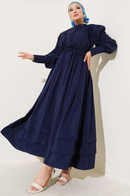 Yarım Brit Düğmeli Bel Lastikli Elbise Lacivert