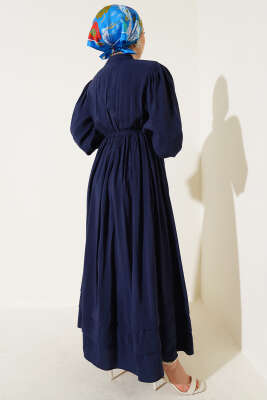 Yarım Brit Düğmeli Bel Lastikli Elbise Lacivert - Tesettür Elbise