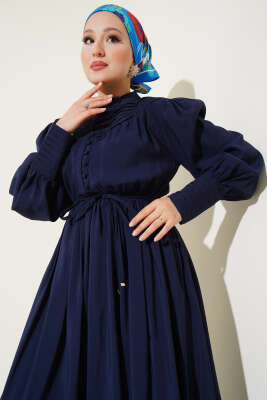 Yarım Brit Düğmeli Bel Lastikli Elbise Lacivert - Tesettür Elbise