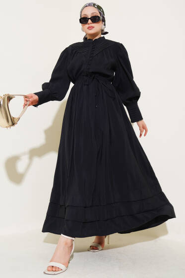 Yarım Brit Düğmeli Bel Lastikli Elbise Siyah - Elbise