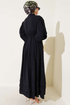 Yarım Brit Düğmeli Bel Lastikli Elbise Siyah - Tesettür Elbise