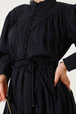 Yarım Brit Düğmeli Bel Lastikli Elbise Siyah - Tesettür Elbise