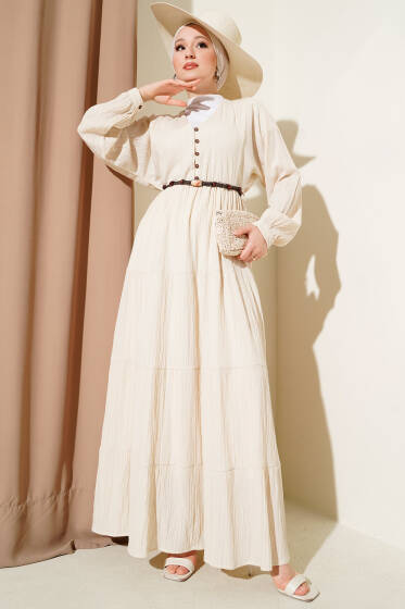 Yarım Brit Düğmeli Kloş Elbise Bej - Elbise