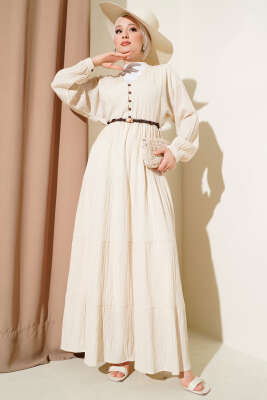 Yarım Brit Düğmeli Kloş Elbise Bej - Tesettür Elbise