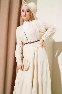 Yarım Brit Düğmeli Kloş Elbise Bej - Tesettür Elbise