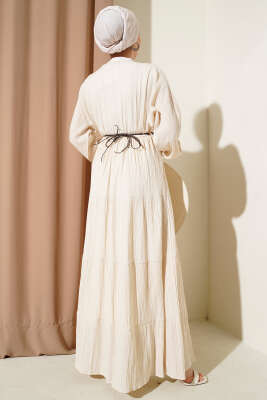 Yarım Brit Düğmeli Kloş Elbise Bej - Tesettür Elbise