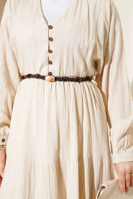 Yarım Brit Düğmeli Kloş Elbise Bej - Tesettür Elbise