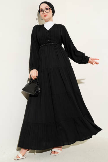 Yarım Brit Düğmeli Kloş Elbise Siyah - Elbise