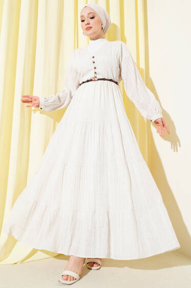 Yarım Brit Düğmeli Kloş Elbise Taş - Elbise