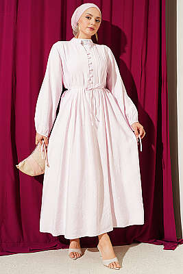 Yarım Brit Düğmeli Nervürlü Elbise Pembe - WENNA DESIGN