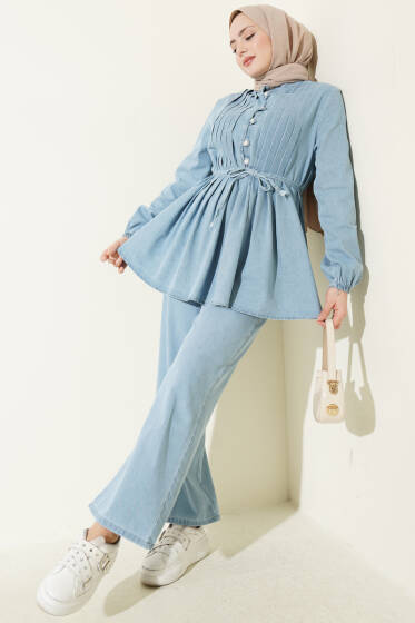 Yarım Brit Düğmeli Nervürlü Kot İkili Takım Açık Mavi - İkili Takım