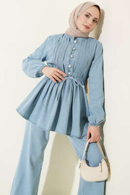 Yarım Brit Düğmeli Nervürlü Kot İkili Takım Açık Mavi - İkili Takım