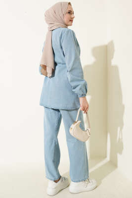 Yarım Brit Düğmeli Nervürlü Kot İkili Takım Açık Mavi - İkili Takım