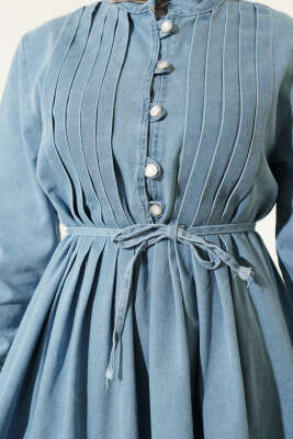 Yarım Brit Düğmeli Nervürlü Kot İkili Takım Açık Mavi - İkili Takım