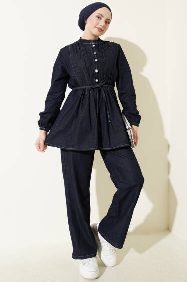 Yarım Brit Düğmeli Nervürlü Kot İkili Takım Lacivert - İkili Takım