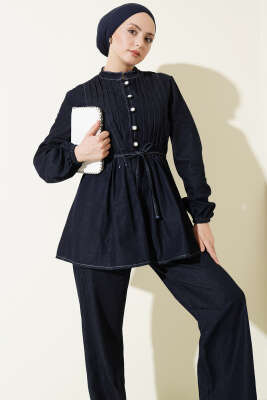 Yarım Brit Düğmeli Nervürlü Kot İkili Takım Lacivert - İkili Takım