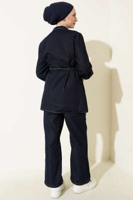 Yarım Brit Düğmeli Nervürlü Kot İkili Takım Lacivert - İkili Takım