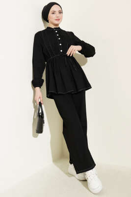 Yarım Brit Düğmeli Nervürlü Kot İkili Takım Siyah - EFSUN MODA