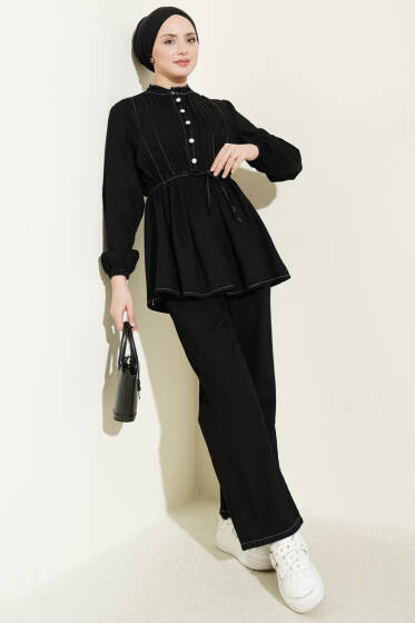 Yarım Brit Düğmeli Nervürlü Kot İkili Takım Siyah - İkili Takım