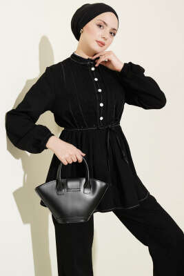 Yarım Brit Düğmeli Nervürlü Kot İkili Takım Siyah - İkili Takım