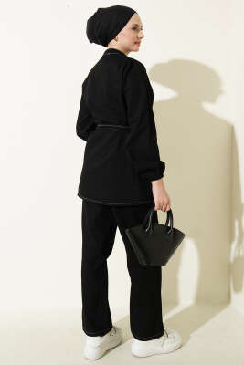 Yarım Brit Düğmeli Nervürlü Kot İkili Takım Siyah - İkili Takım