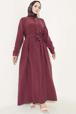 Yarım Brit Düğmeli Pensli Tensel Elbise Bordo 