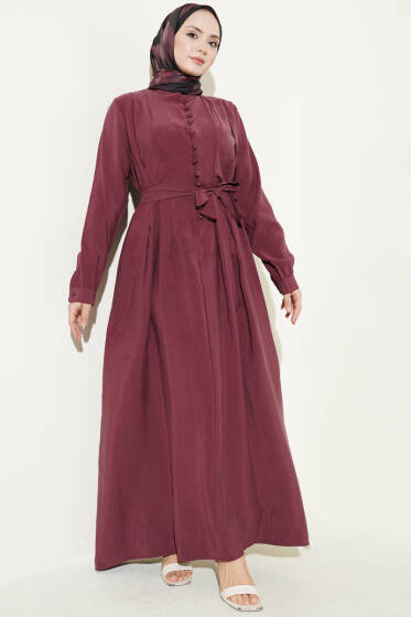 Yarım Brit Düğmeli Pensli Tensel Elbise Bordo - Elbise