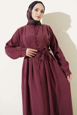 Yarım Brit Düğmeli Pensli Tensel Elbise Bordo - Elbise