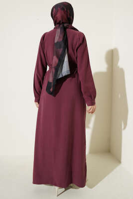 Yarım Brit Düğmeli Pensli Tensel Elbise Bordo - Elbise