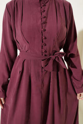 Yarım Brit Düğmeli Pensli Tensel Elbise Bordo - Elbise