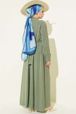 Yarım Brit Düğmeli Pensli Tensel Elbise Çağla Yeşili - Elbise