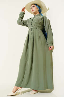 Yarım Brit Düğmeli Pensli Tensel Elbise Çağla Yeşili 