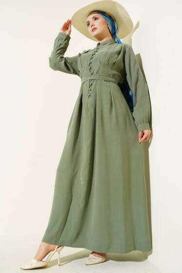 Yarım Brit Düğmeli Pensli Tensel Elbise Çağla Yeşili - Elbise