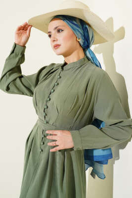 Yarım Brit Düğmeli Pensli Tensel Elbise Çağla Yeşili - Elbise