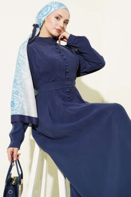 Yarım Brit Düğmeli Pensli Tensel Elbise İndigo - Elbise
