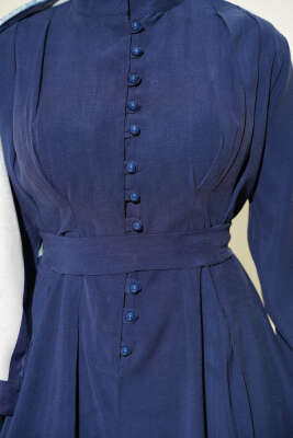 Yarım Brit Düğmeli Pensli Tensel Elbise İndigo - Elbise