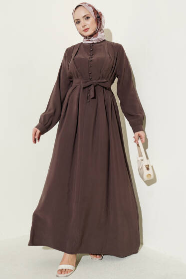 Yarım Brit Düğmeli Pensli Tensel Elbise Kahve - Elbise
