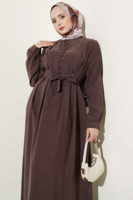 Yarım Brit Düğmeli Pensli Tensel Elbise Kahve - Elbise