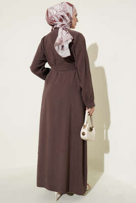 Yarım Brit Düğmeli Pensli Tensel Elbise Kahve - Elbise