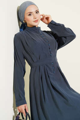 Yarım Brit Düğmeli Pensli Tensel Elbise Petrol - NESSİA