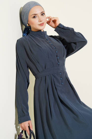 Yarım Brit Düğmeli Pensli Tensel Elbise Petrol - Elbise