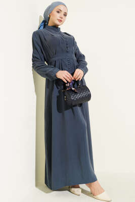 Yarım Brit Düğmeli Pensli Tensel Elbise Petrol - Elbise