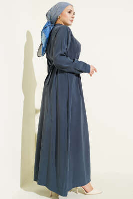 Yarım Brit Düğmeli Pensli Tensel Elbise Petrol - Elbise