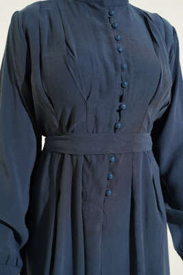 Yarım Brit Düğmeli Pensli Tensel Elbise Petrol - Elbise