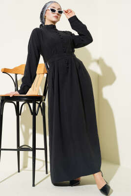 Yarım Brit Düğmeli Pensli Tensel Elbise Siyah - NESSİA