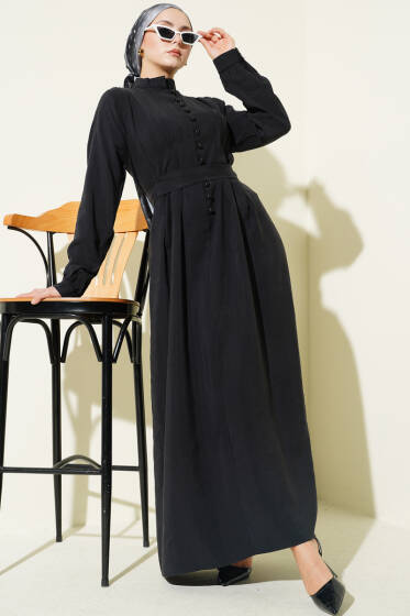 Yarım Brit Düğmeli Pensli Tensel Elbise Siyah - Elbise