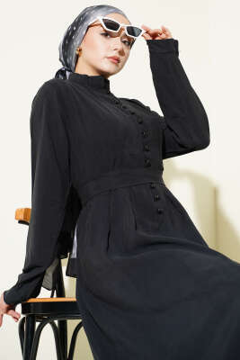 Yarım Brit Düğmeli Pensli Tensel Elbise Siyah - Elbise